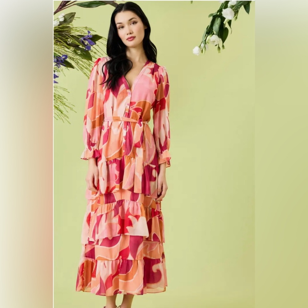 NWT Donna Morgan Vibrant Pink and Red Long Sleeve Dress